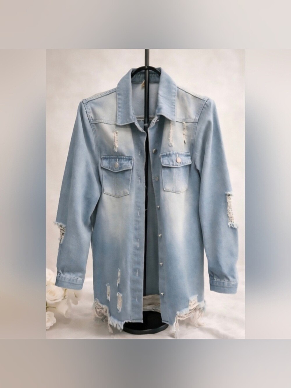 Women’s Distressed Denim Jacket Shacket Light Wash Longline Frayed Oversized